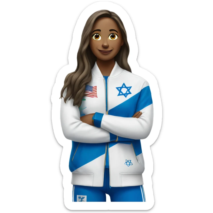 A woman at the Olympics who has the Israeli flag on her jacket with a gold medal sticker
