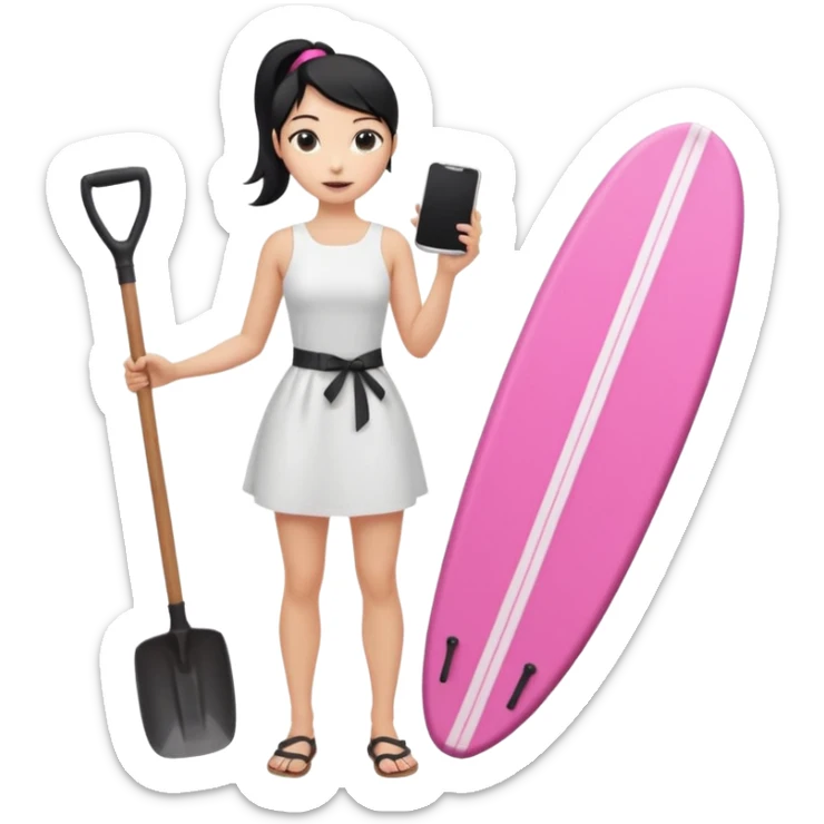Princess who wearing white dress (woman) black ponytail hair holding her cellphone and  one garden shovel with another hand. She is standing on her feet, there is one pink surfing board. sticker