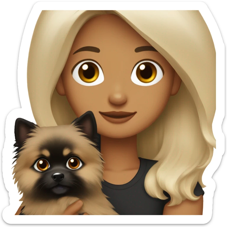 blonde girl, medium-length hair, gray eyes holding a black and tan Pomeranian Spitz in her arms sticker