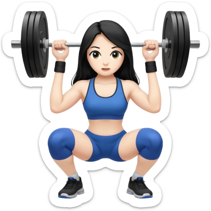 Pale girl with long black hair squatting weight, with laptop  sticker