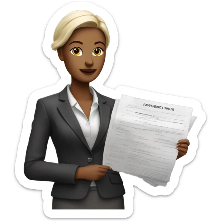 A stylish woman dressed in business attire, confidently holding a small model of a house or a real estate contract. She has a self-assured expression. sticker