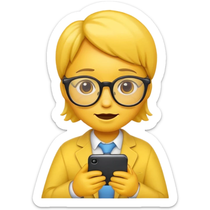 cute and simple emoji holding a phone and wearing glasses, Apple style sticker