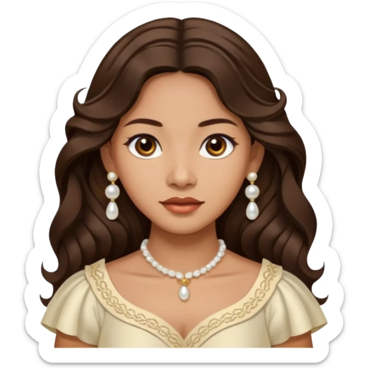 Tan Filipino woman with dark brown eyes and long dark wavy hair parted in the middle wearing a traditional filipiniana and white pearl stud earrings sticker