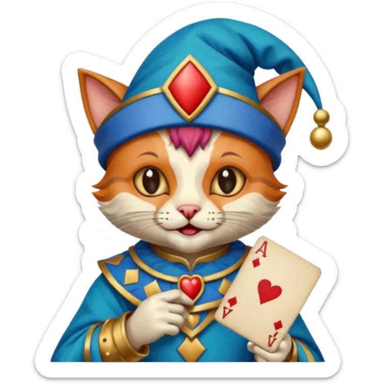 crazy colorful cute little cat jolly joker from poker, medieval, vintage, court jester, mac os icon, blue color, holds an ace poker card (clearly detailed and precise) sticker