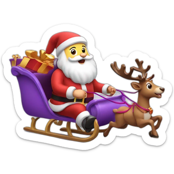 Santa Claus dressed in purple running with his sleigh and reindeer to deliver presents sticker