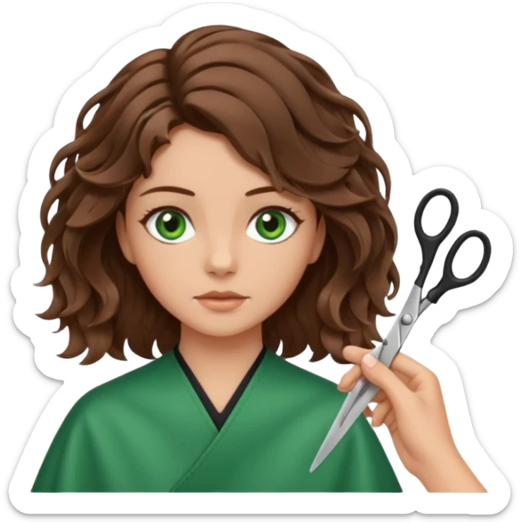 Girl with green eyes and brown wavy hair getting haircut with scissors sticker
