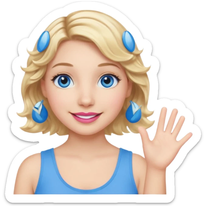 Girl Blonde short wavy hair,  blue eyes, cute blue top, long lashes, pink lips, smiling, waving hello  sticker