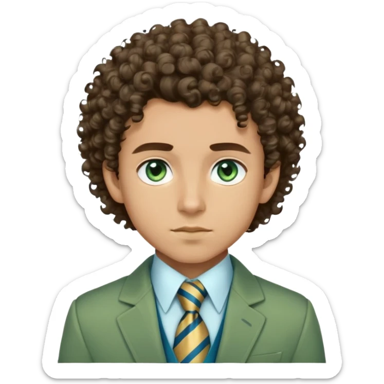 Make me an emoji of a boy with light brown skin, and his hair is voluminous and curly. And his chin is sharp with a nice jawline, and his eyebrows are more of rounded out eyebrows and they’re thick,but not too thick, and one of his eyebrows has a slit in it. And he’s wearing a green jacket with a white shirt poking out and the white shirt has a tie with gold and blue stripes on it. And his eyes are a greenish blue color. And his hair color is a dark brown, and it has some bleached curls in there. And his skin is a light brown, he’s light skinned  sticker