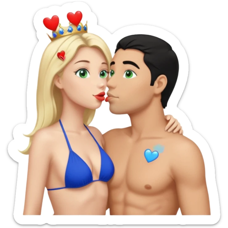 Blonde Queen Green eyes blue Bikini whole body Kissing man black Hair blue eyes Hearts in Body sticker