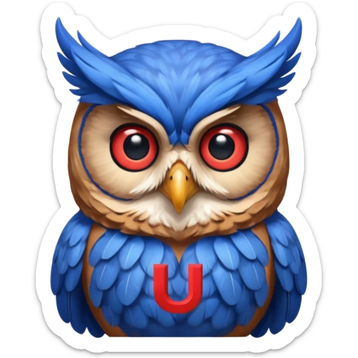 Quiero un búho con una camiseta azul y el medio que diga una u gigante y roja sticker