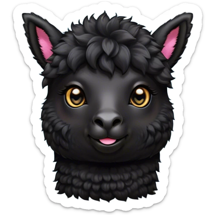 Cinematic Cute Black Alpaca Portrait Emoji, Head tilted playfully and inquisitively, featuring a plush, shiny jet-black fleece with a lustrous sheen, round, sparkling dark eyes filled with curiosity, Simplified yet irresistibly adorable features, highly detailed, glowing with a warm, friendly glow, high shine, affectionate and gentle, stylized with a touch of whimsy, bright and endearing, soft glowing outline, capturing the essence of a mischievous yet loving alpaca, so playful it feels like it could prance out of the screen and into your arms! sticker