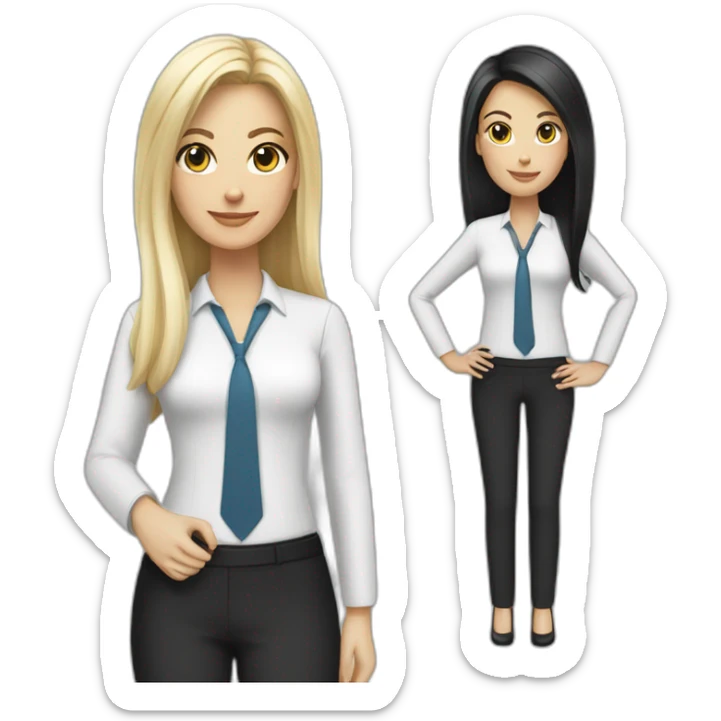 Two business girls, white, one tall girl with short black hair, one smaller girl with long dark blond hair sticker