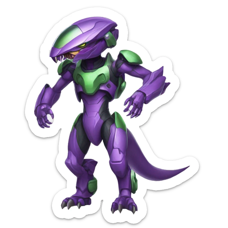 a purple-green Genesect-Raptor-Fakémon—hybrid with a futuristic visor-helmet full body sticker