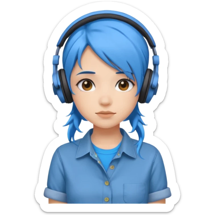Cute Girl with blue hair and headphones with button up shirt sticker