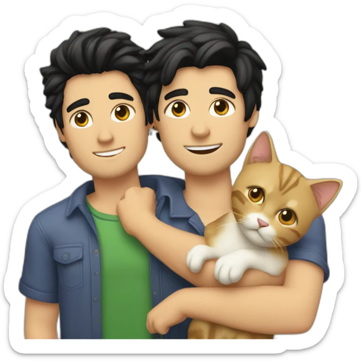 Gay couple, 1 guy Latino black straight black hair and 1 Australian white guy with blonde slightly curly hair holding a cat sticker