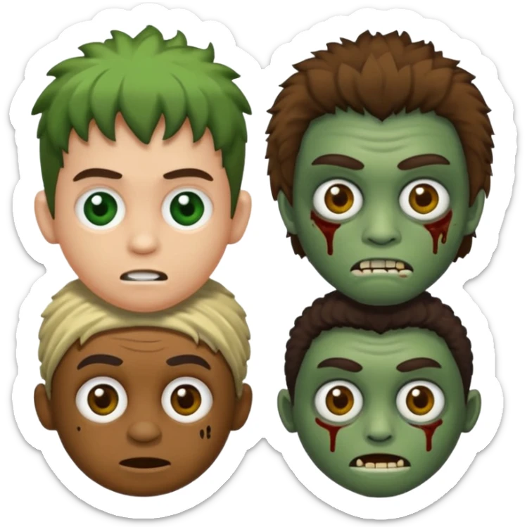 quero um emoji de um menino com pele de zumbi cabelo castanho claro e de franja, olhos menores boca fechada pele verde faça os machucados na cara inteira  sticker