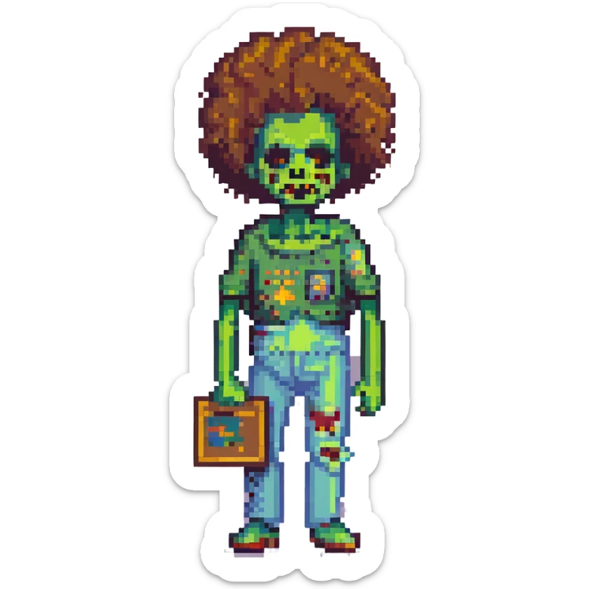 Bob Ross as a zombie, painting with his signature afro and palette, pixel art style sticker
