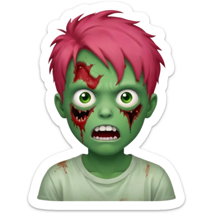 Boy, zombie, red messy hair, green skin, pink eyes, white t-shirt, open mouth with crooked teeth, tired expression. sticker