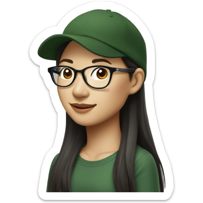 Hyper realistic, look from side, asian adult woman, light white skin, smiling with teeth, black eyes, spotted frame glasses, long brown straight hair with highlighted strands, black T-shirt, dark green cap. sticker