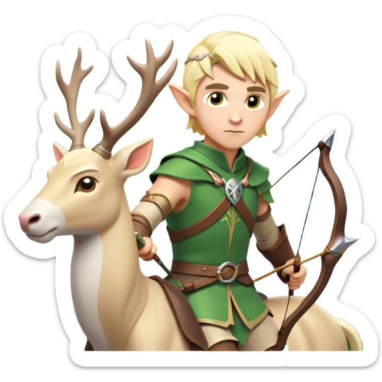 clash-of-clans-aesthetic-blond-male elf-archer-portrait-emoji, rendered in a flat, vector-style with minimal shading and bold, simplified shapes, head tilted slightly forward with a determined, focused expression, riding a majestic white stag whose antlers glow with mystical energy, set against an ancient, enchanted forest backdrop. sticker