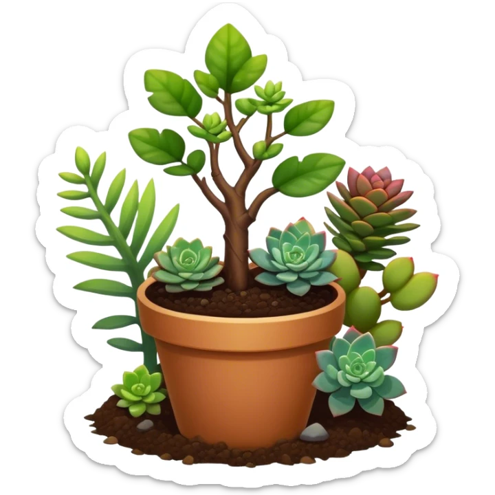Close-up of a potted sapling in rich soil surrounded by vibrant plants and succulents. Bright sunlight filters through the window, casting soft shadows. Nearby gardening tools rest on a wooden table. Cozy indoor atmosphere with greenery and flowers. sticker