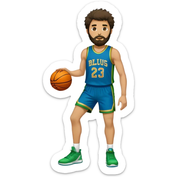 full body wHITE MAN WITH GOLD TEE BEARD DARK SHAGGY HAIR BASKETBALL PLAYER WEARING BLUE AND GREEN UNIFORM sticker