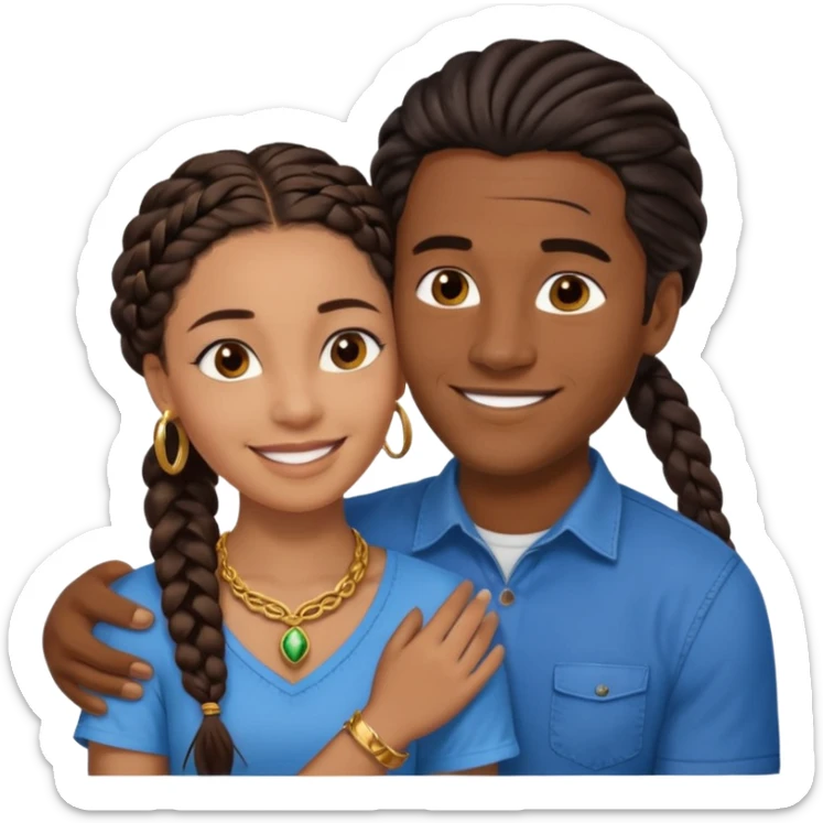 smiling embracing interracial couple. dark ebony woman with long braided hair and jewelry. brazillian man short hair wearing blue. sticker