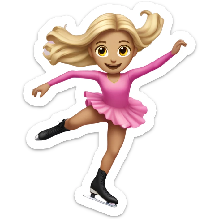 Figure skating girl with long hair blonde highlights and pink dress doing a jump sticker
