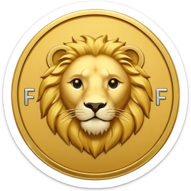 Pièce d’or ronde vue de face, lettre F gravée au centre, tête de lion fine et discrète en arrière‑plan, style emoji simple. sticker