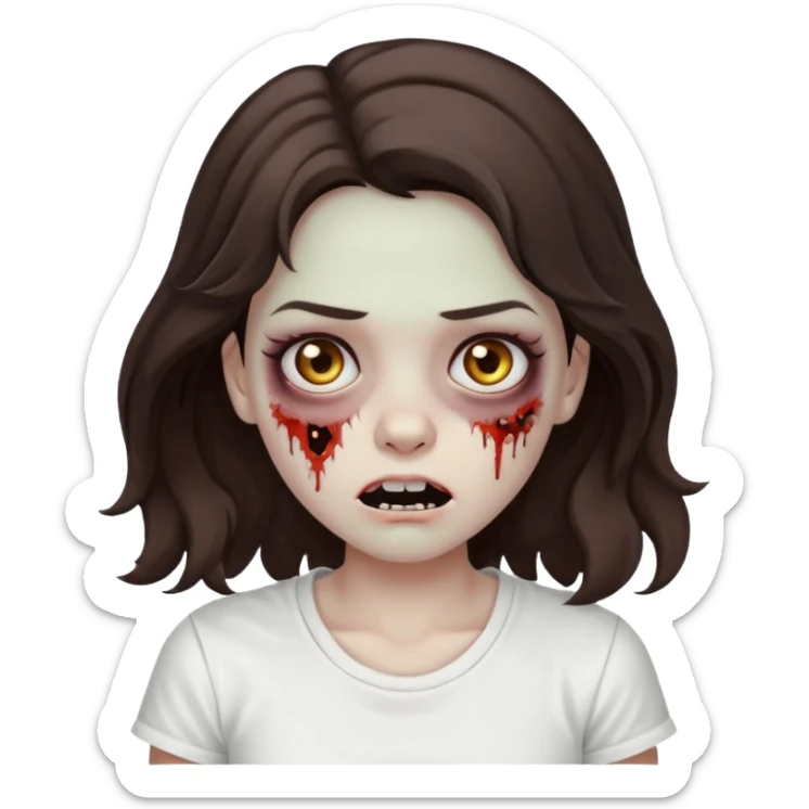 zombie girl who has wavy dark brown hair and a white t shirt sticker