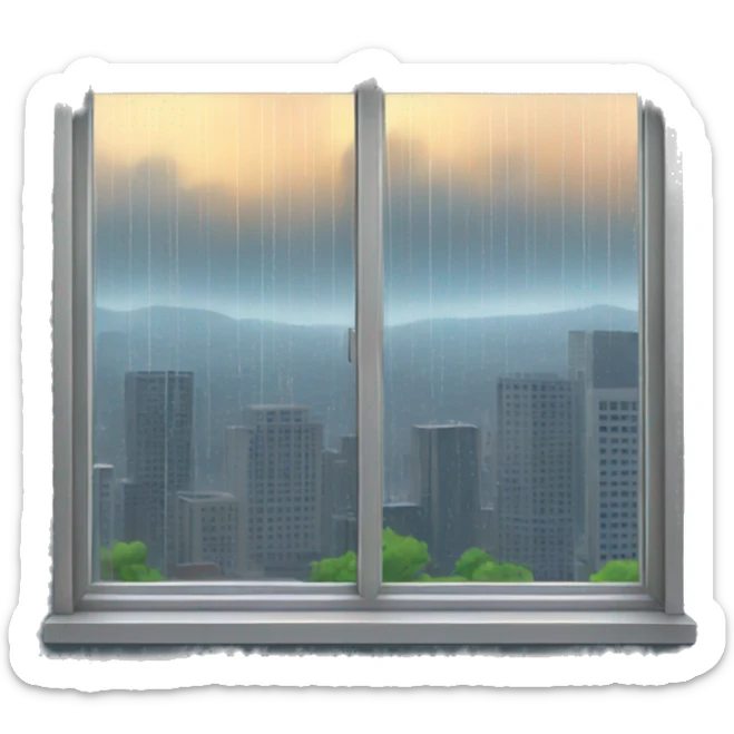 window that has rain outside with a city in the background sticker