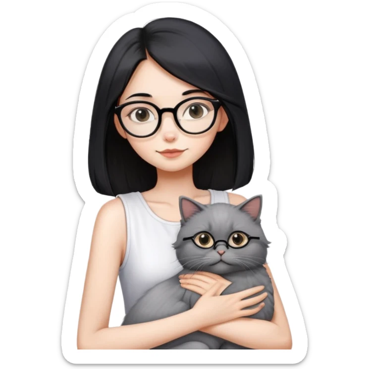 Skinny woman with oval glasses, shoulder length straight black hair, wearing white sleeveless top, hugging a grey Persian-Angora cat, plain background sticker