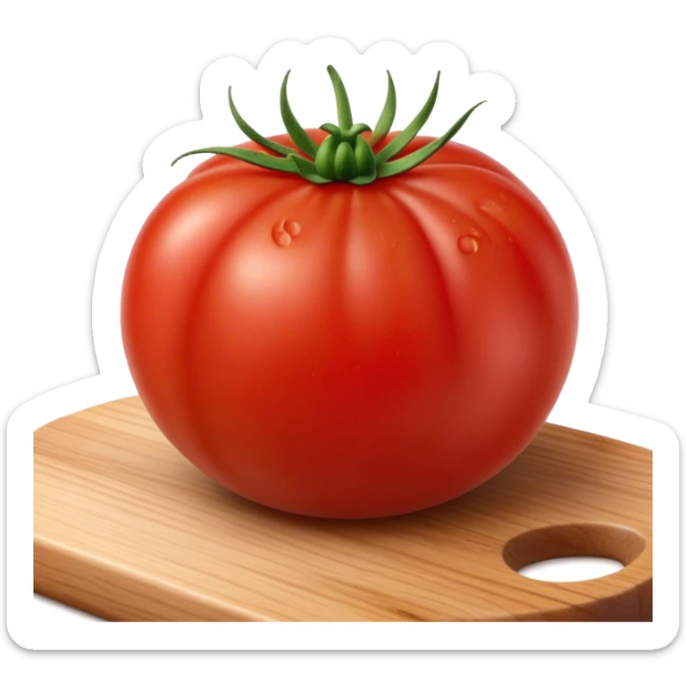 Cinematic juicy ripe tomatoe, deep red, slightly dewy, arranged on a wooden cutting board, soft glowing background, rich and flavorful. sticker