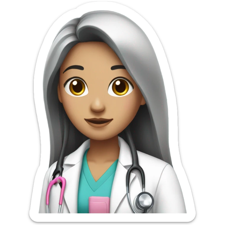 Long black hair female doctor in pink undershirt white coat over pink stethoscope  sticker