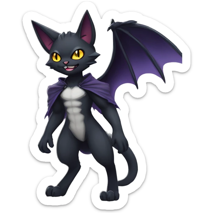   cool edgy beautiful anime-style ethereal dark-punk-themed animal vampiric cat-hybrid Fakemon with fangs and bat-wing-ears with a cape full body sticker