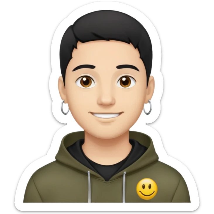 man with smiley face, black hair military cut, brown eyes, wearing 2 circle earrings and a black hoodie sticker