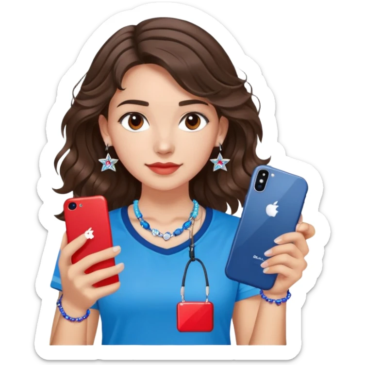 brunette girl with wavy medium length hair, brown eyes, light/medium skin tone, holding iPhone and light phone, wearing red Adidas t-shirt, small silver hoop earrings with blue gem stars, and a different colorful beaded charm necklace sticker