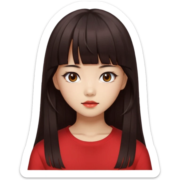 Korean girl, red top, black brown hair, brown eyes, long hair, cool girl, aesthetic, long hair, hime cut, blunt bangs sticker