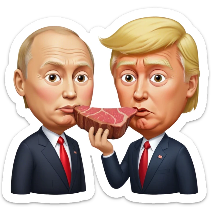 photorealistic Donald Trump and Putin eating a steak shaped like an piece of land sticker