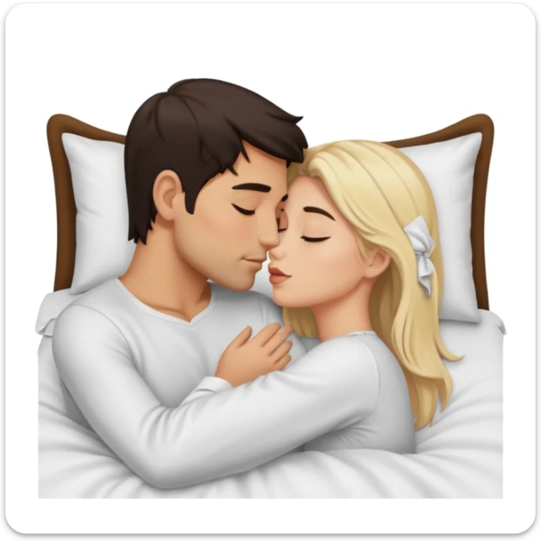 Naked man, dark Hair, kissing naked blonde Woman, bed,  sticker
