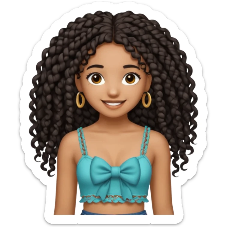 Girl with long black hair curly knotless boho braids mixed girl crop top with a bow on the crop top sticker