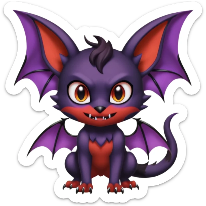 Shiny Dark epic cute cool demonic batty vampiric beautiful edgy pretty aesthetic Noibat-Litten-Fakémon-Pokémon-Digimon-creature with bat-ears-wings and a pointy imp-tail and fangs sticker