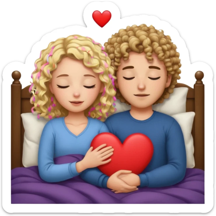 cuddling in bed, asleep. wavy haired blonde girl. curly haired brunette man. eyes closed. heart between them. no headboard sticker