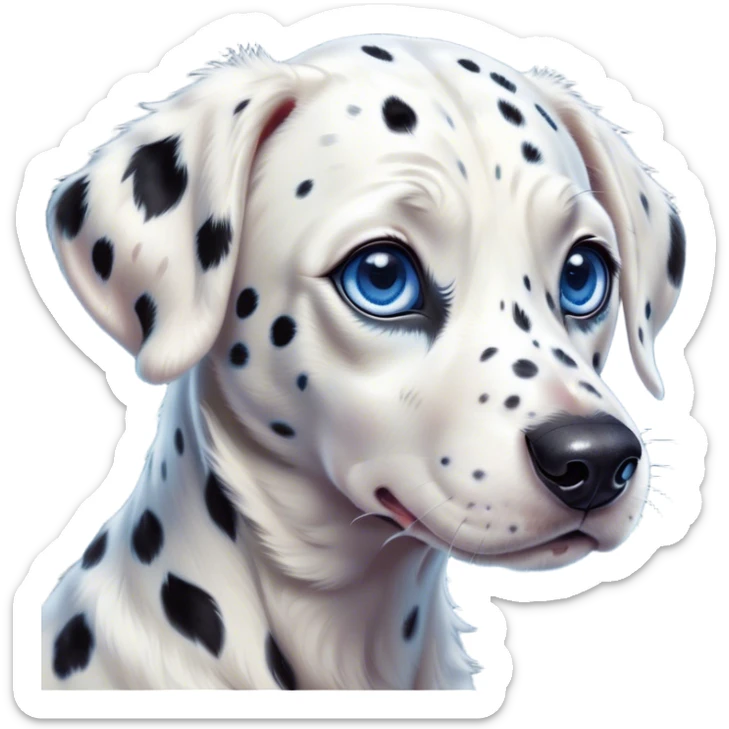 Cinematic Cute Spotted Dalmatian Portrait Emoji, Head tilted playfully and inquisitively, featuring a glossy Fur of predominantly white with dynamic black patches, round, sparkling blue eyes filled with gentle curiosity, Simplified yet irresistibly adorable features, highly detailed, glowing with a warm, friendly glow, high shine, affectionate and gentle, stylized with a touch of whimsy, bright and endearing, soft glowing outline, capturing the essence of a mischievous yet loving pup, so playful it feels like it could lumber out of the screen and into your arms! sticker