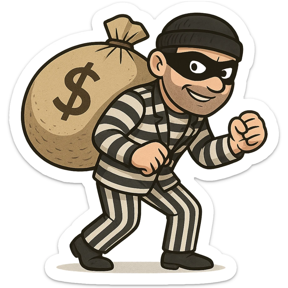 A thief with a bag of money on his back, wearing a striped suit and a black eye mask sticker