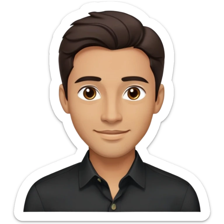 Attractive man in his 40s with youthful appearance, light brown skin, elongated face, defined jawline, handsome features, medium dark eyes, arched eyebrows, straight nose, confident smile, medium wavy dark hair, wearing a formal black button-up shirt sticker