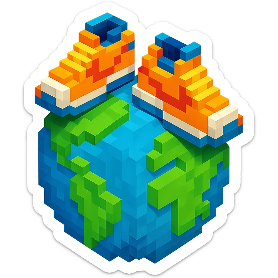 isometric view of Earth globe with a pair of Nike Cortez sneakers walking on top, voxel style sticker