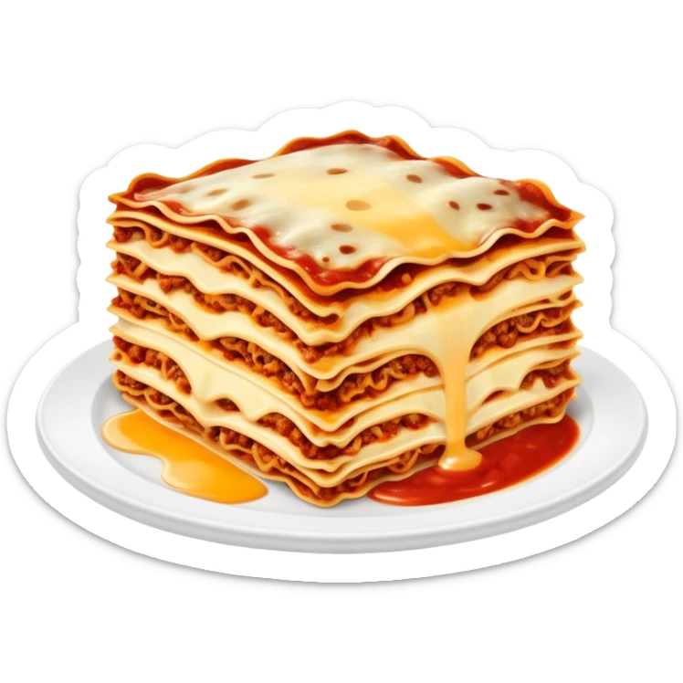 A delicious plate of lasagna with layers of pasta, cheese, and meat sauce, steaming hot sticker