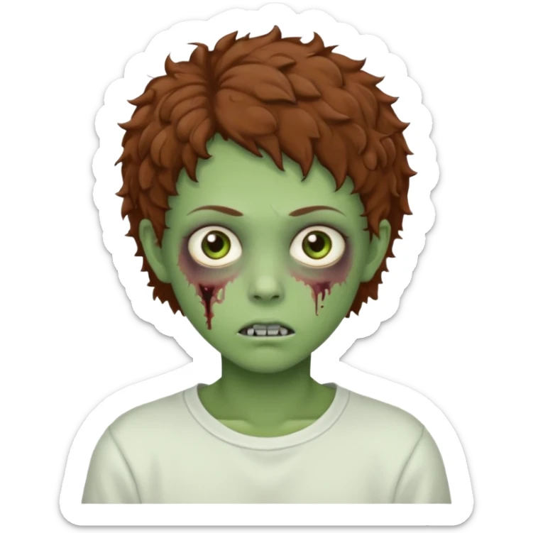  green teen zombie with  brown short curly hair and brown eyes wearing a white sweat sticker