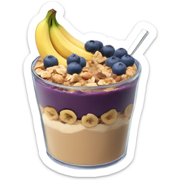 Açai bowl in a clear cup with layers of peanut butter, cashew nuts, granola, condensed milk and banana sliced and blueberrys on top sticker